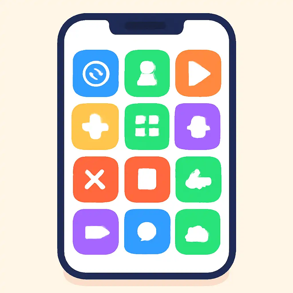 Smartphone shown from the front displaying a colourful flat layout of abstract game icons and rounded tiles (no text, no letters, no labels), 55 Game