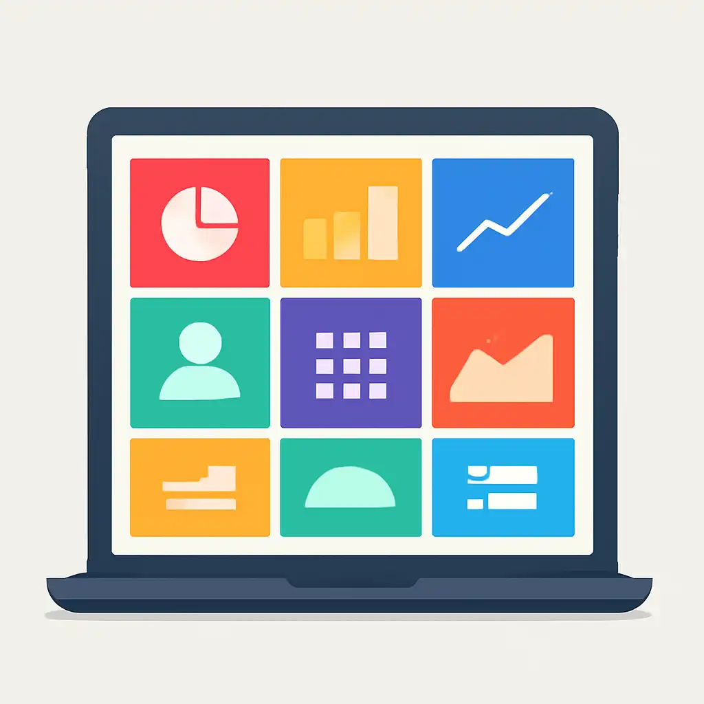 Laptop shown from the front displaying a colourful flat dashboard of abstract charts, bars and icon tiles (no text, no letters, no labels), 55 Game