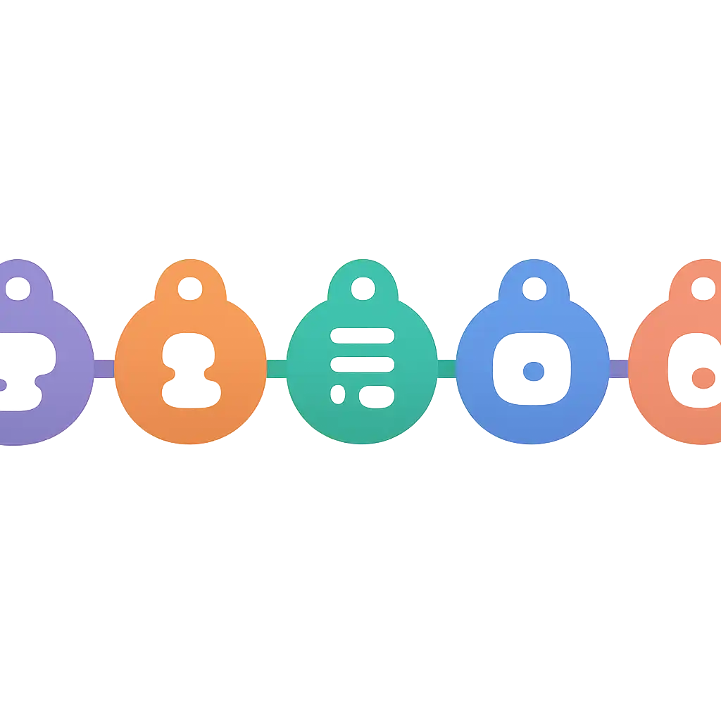 Five numbered circular icons connected by arrows in a horizontal flow, flat illustration, icons only, no words, 55 Game steps