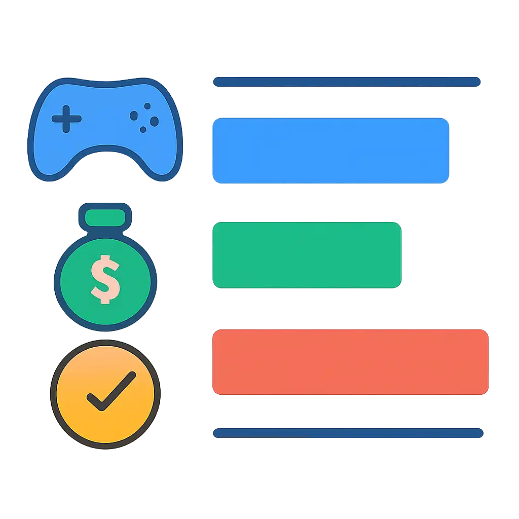 Infographic comparing options using coloured bars and icons only, no text or labels, flat design, 55 Game